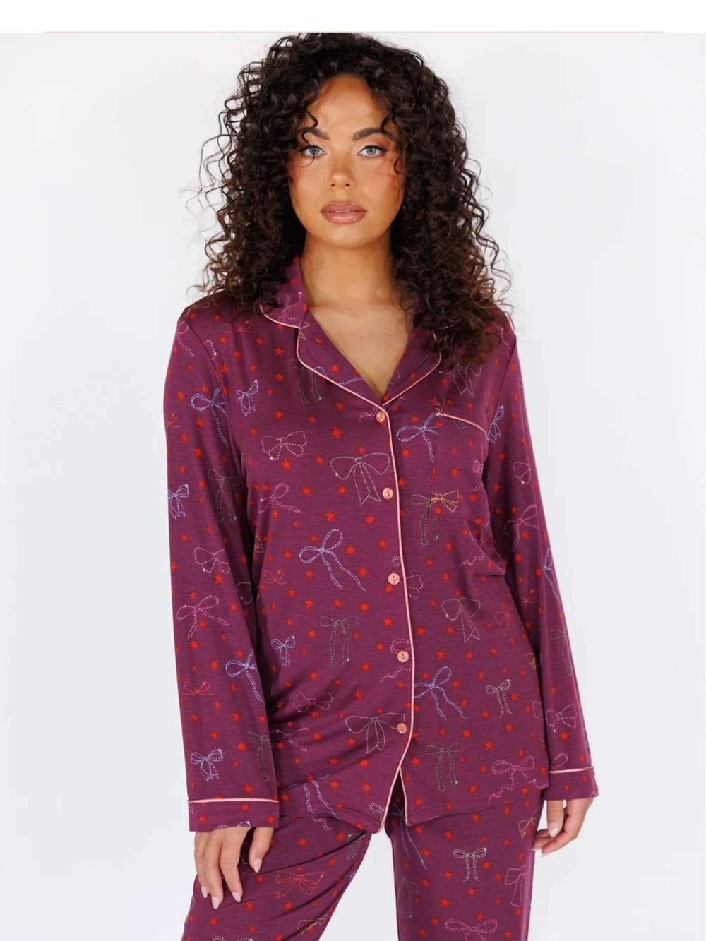 Women's Plum Bow-Print Long Sleeve Pajama Top